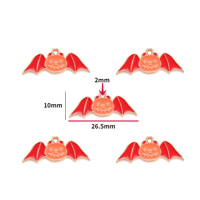 Five bat charms with red wings and pumpkin faces, 10mm by 26.5mm