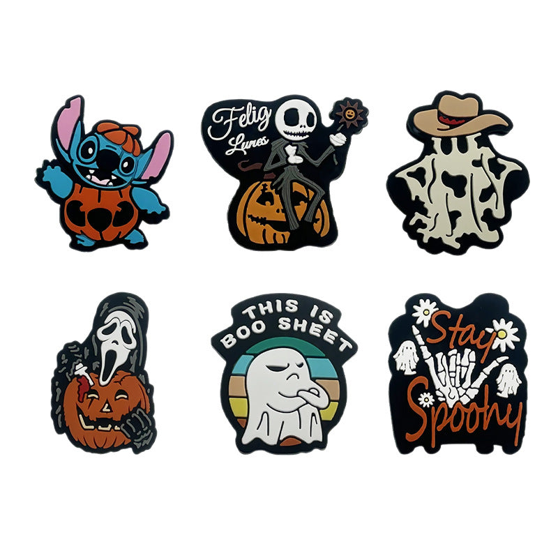 Six colorful Halloween silicone focal beads with pumpkin, skeleton, ghost, and scream-mask designs.