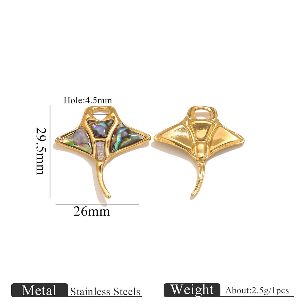 Gold manta ray pendant charms with abalone inlay and size markings
