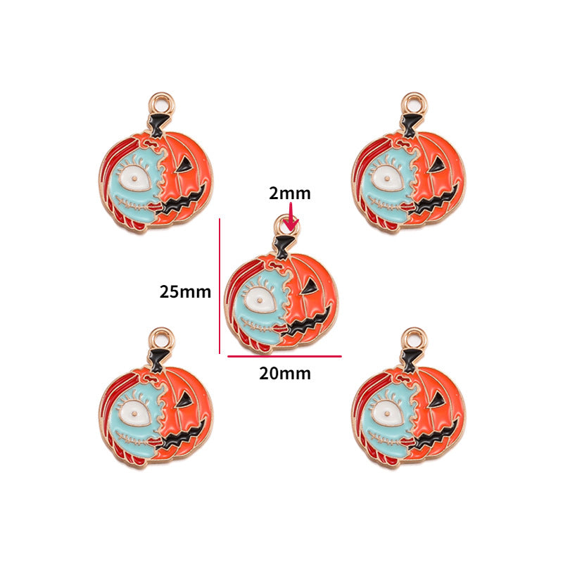 Five views of a round pumpkin-shaped charm with a skull-faced design, shown on a white background with red dimension lines indicating 25mm by 20mm and a 2mm height.