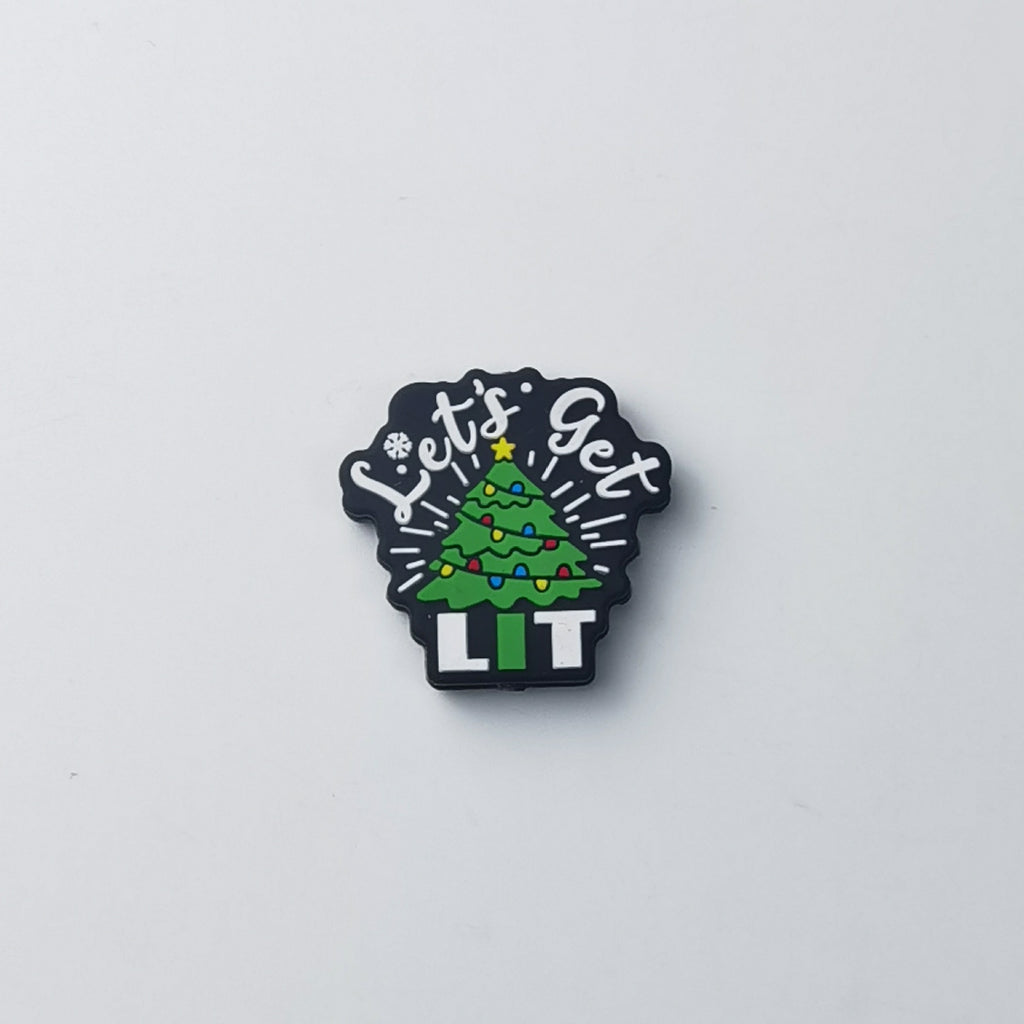 Black silicone focal bead with a green Christmas tree, colorful lights, and 'Let's Get LIT' text