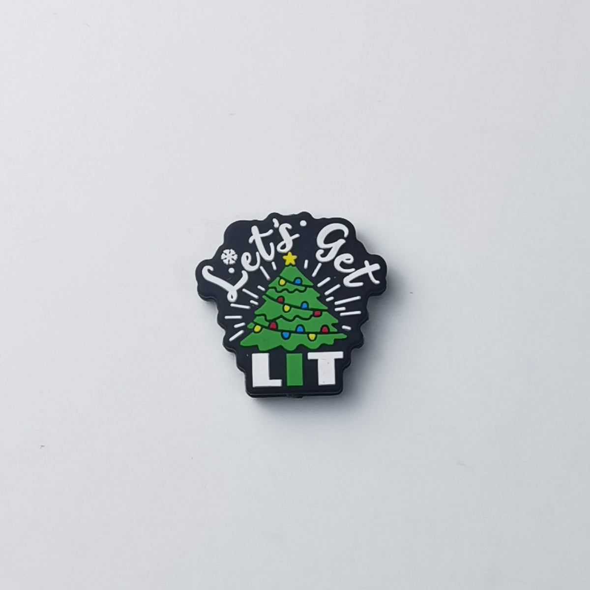 Black silicone focal bead with a green Christmas tree, colorful lights, and 'Let's Get LIT' text