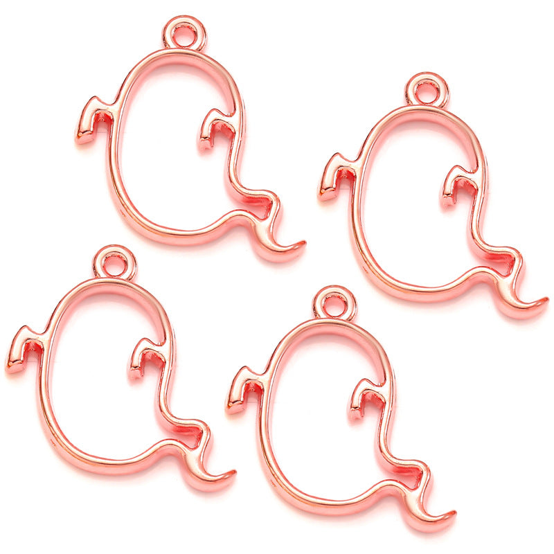 Four rose gold metal ghost charms with hanging loops on a white background