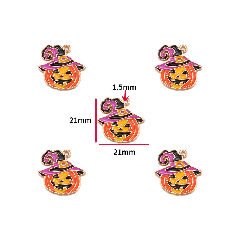 Five small Halloween pumpkin charms with witch hats are shown on a white background, with one charm centered and red measurement lines indicating dimensions of 21mm by 21mm and a 1.5mm height note.