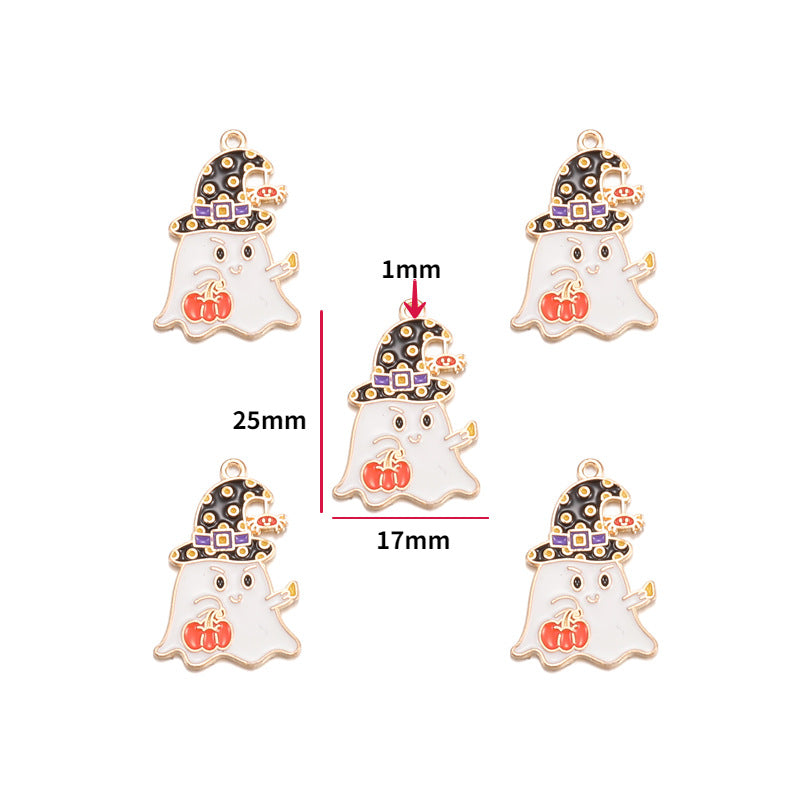 Five white enamel ghost charms with black witch hats and orange pumpkins, 25x17mm