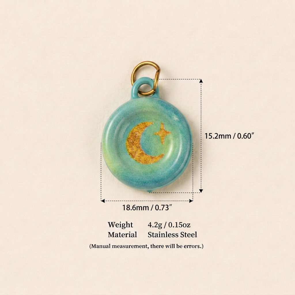 Round turquoise pendant charm with gold crescent moon and star, shown with size measurements.