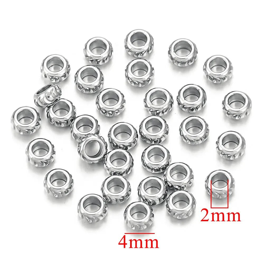 Silver steel-color diamond-cut stainless steel abacus spacer beads with knurled edges