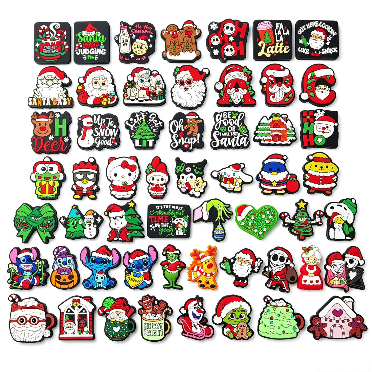 Large assortment of colorful Christmas silicone focal beads in Santa, snowman, reindeer and holiday shapes on white