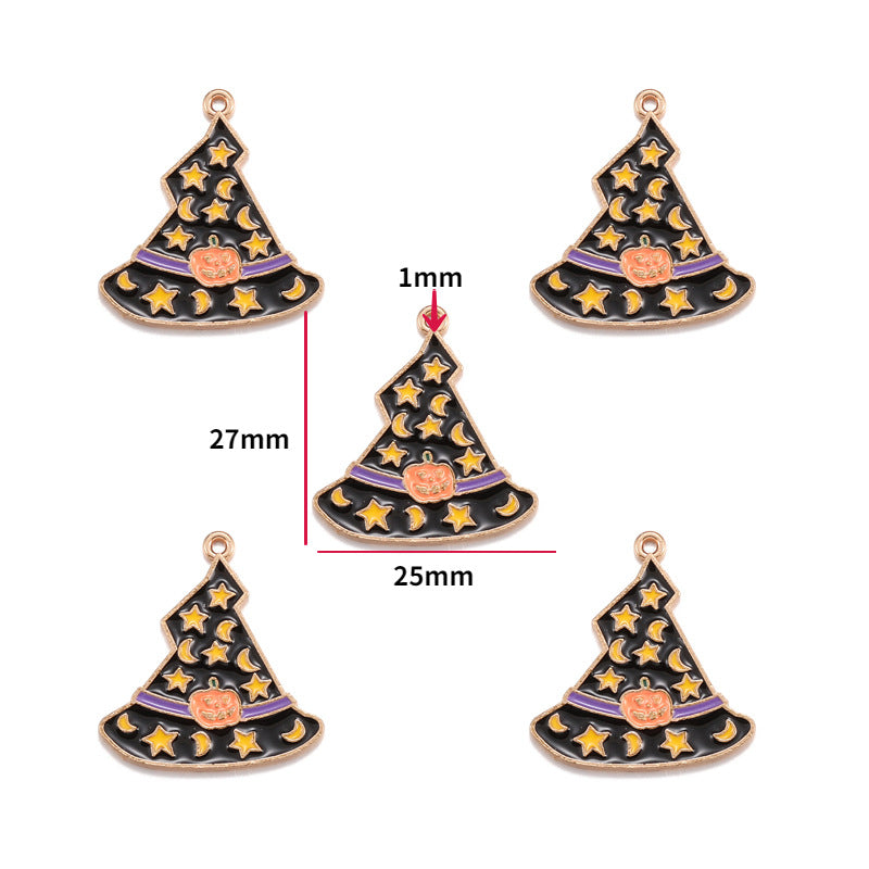Five black witch hat enamel charms with yellow stars and moons, purple band, and pumpkin emblem, 27mm