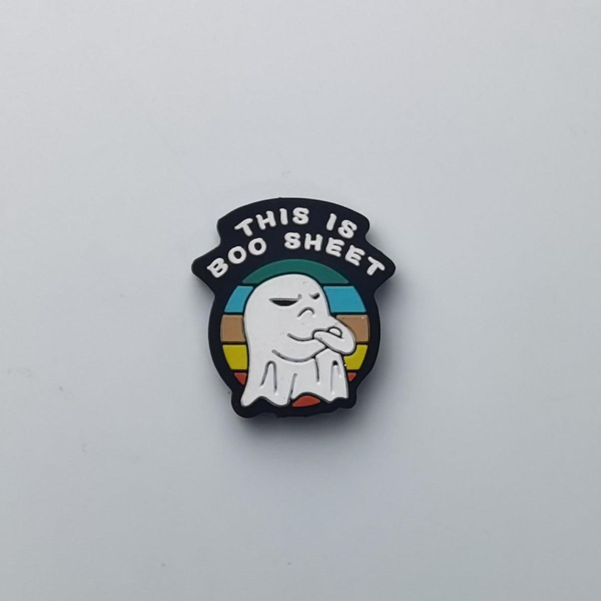 Round ghost bead with This Is Boo Sheet text and retro stripes