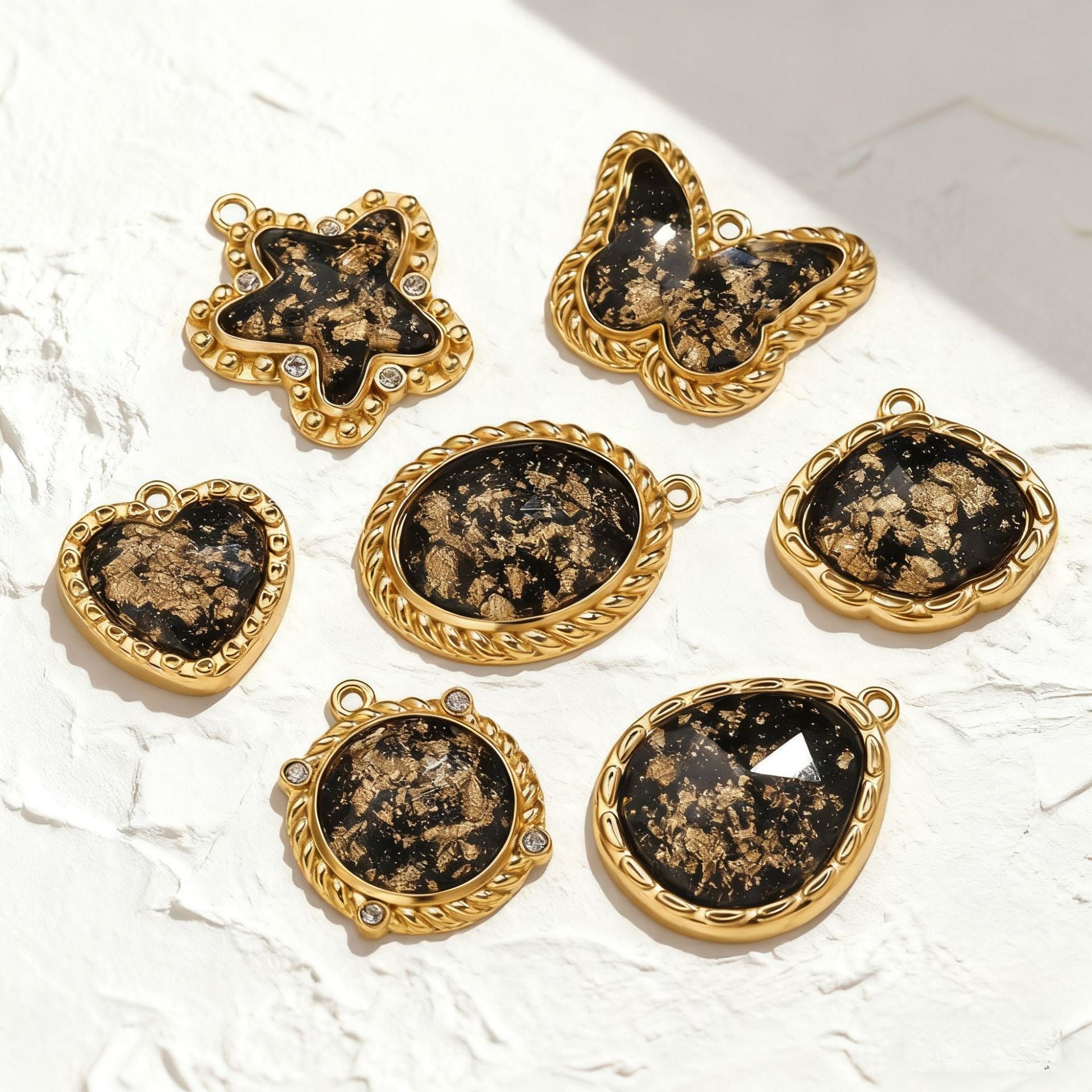 Vintage Black and Gold Foil Stainless Steel Pendant Charms – Butterfly, Star & Heart