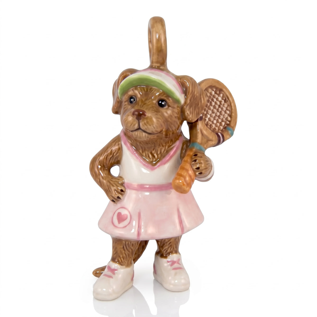 3D puppy pendant charm dressed in pink tennis outfit with visor.
