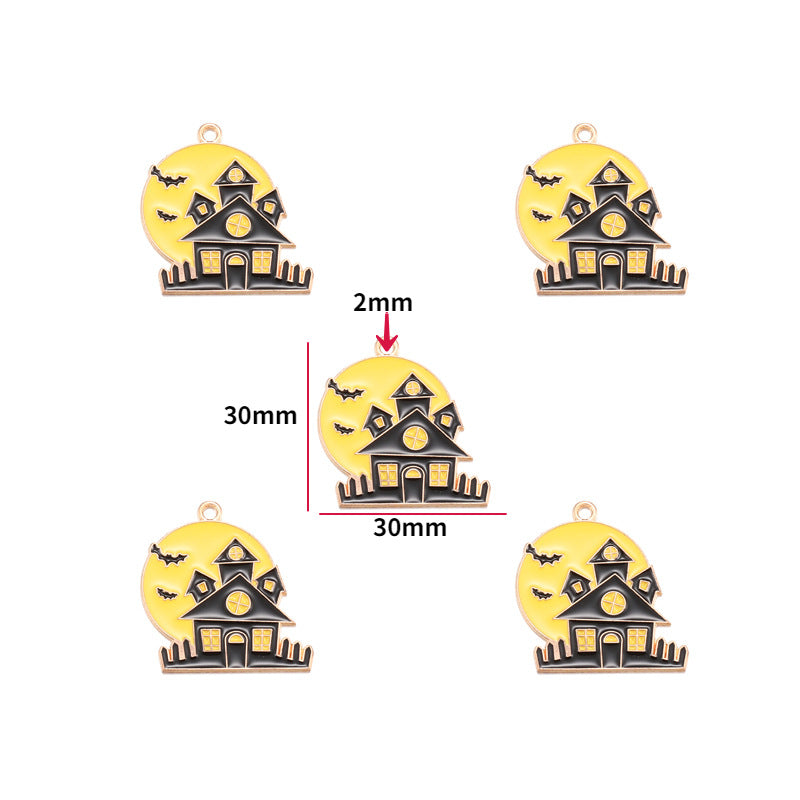Five gold-tone haunted house enamel charms with yellow full-moon background and bats, 30mm wide