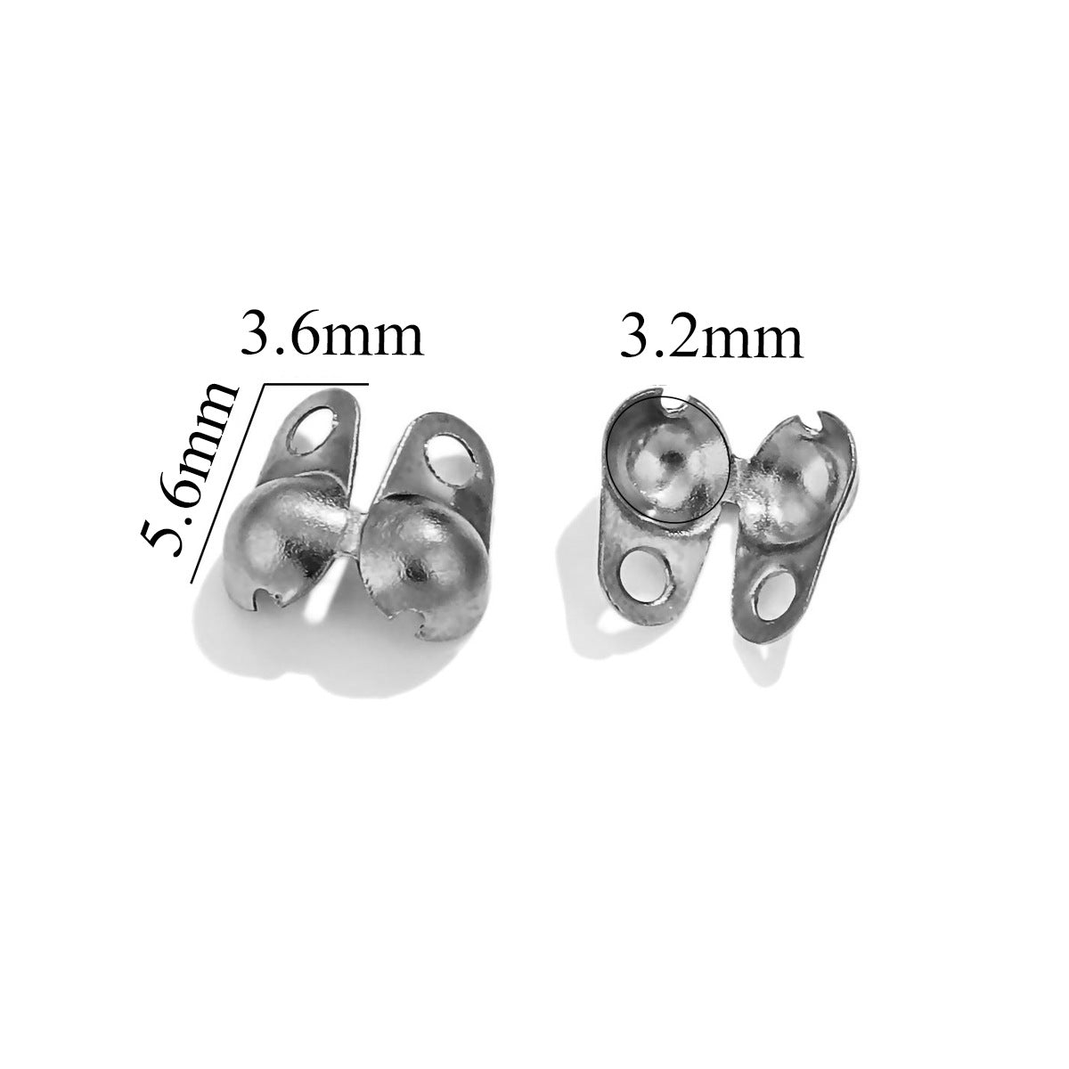 Two silver ball chain connector clasps on white background with dimensions labeled 5.6mm, 3.6mm, 3.2mm