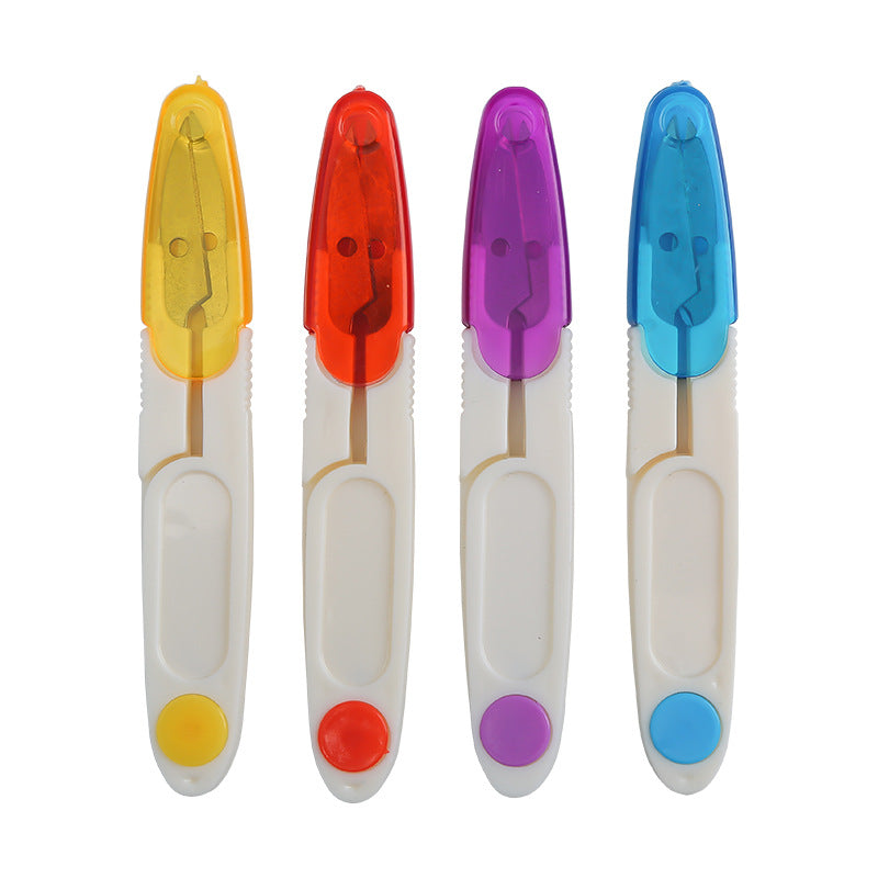 Four spring-loaded thread snips with translucent colored handles in yellow, red, purple, and blue
