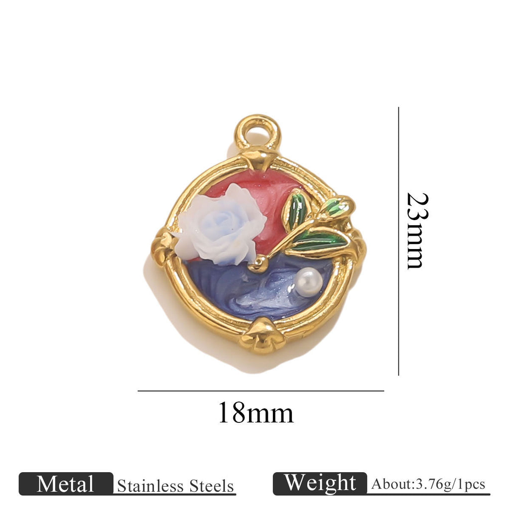 Stainless Steel Enamel Floral Faux Pearl Pendant Charm