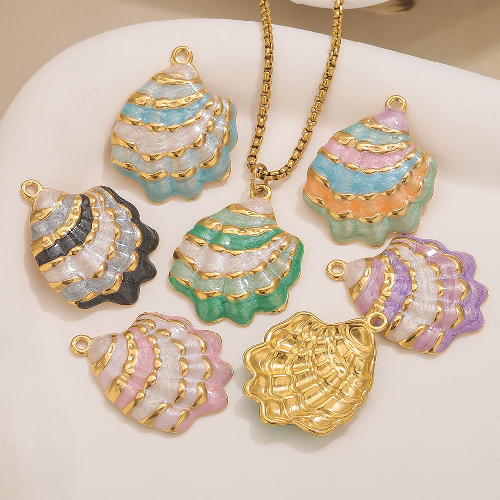 18K Gold-Plated Stainless Steel Enamel Seashell Pendant Charm 2pcs
