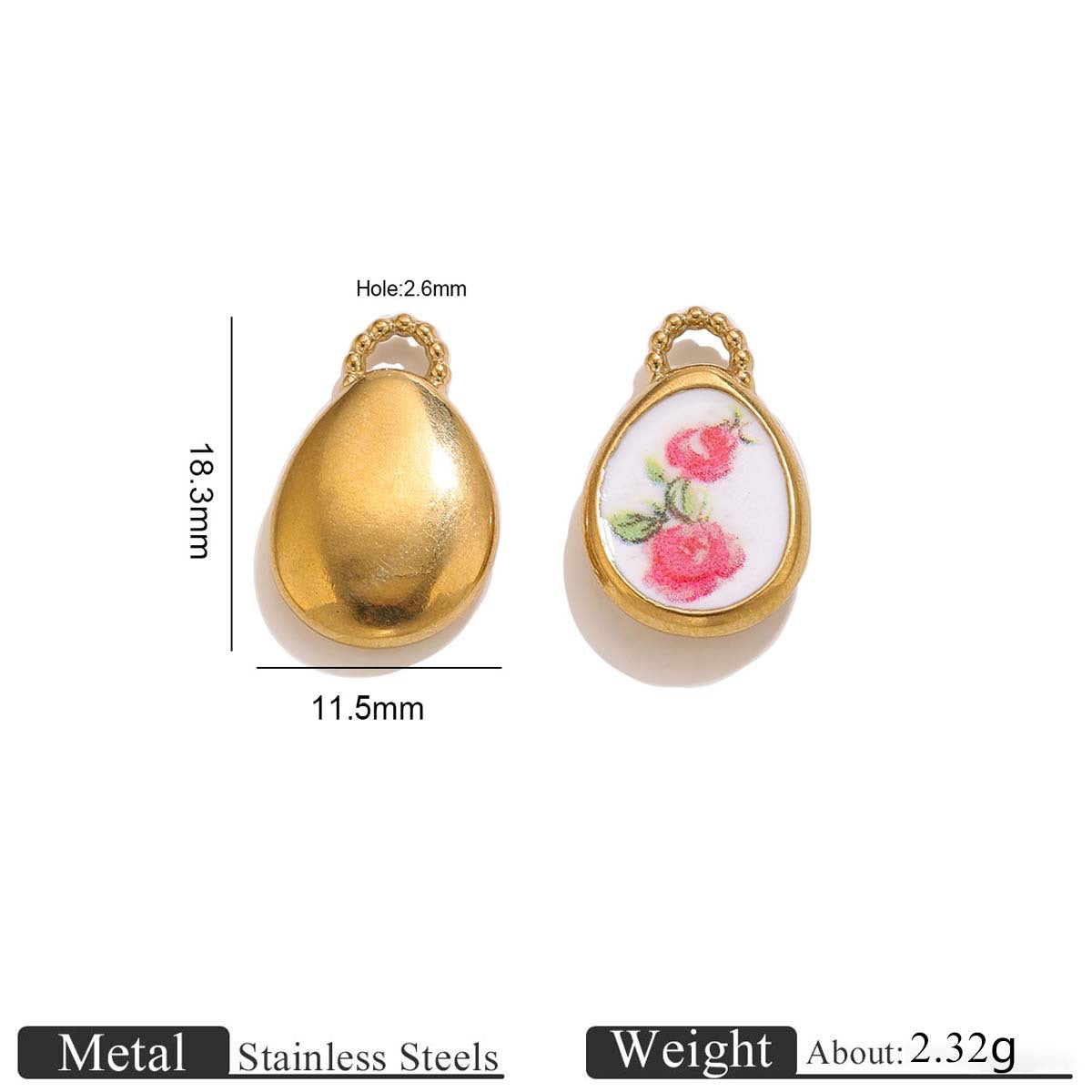 18K Gold-Plated Stainless Steel Vintage Printed Enamel Pendant Charm 3pcs