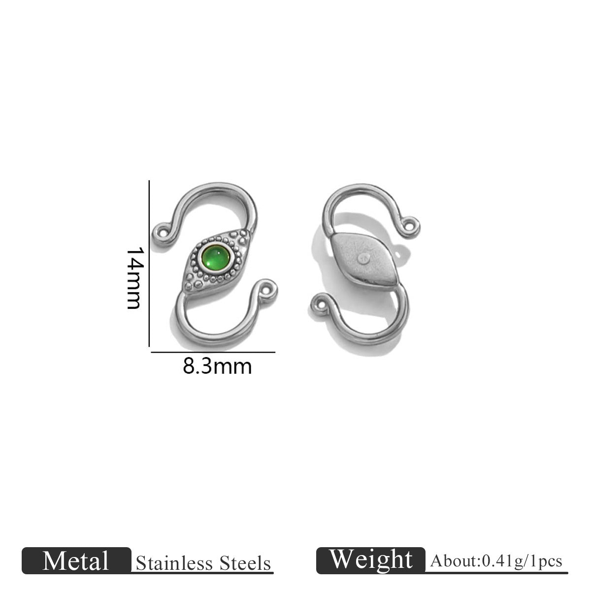 Silver stainless steel S-hook clasp with green stone, front and back views with 14mm by 8.3mm dimensions