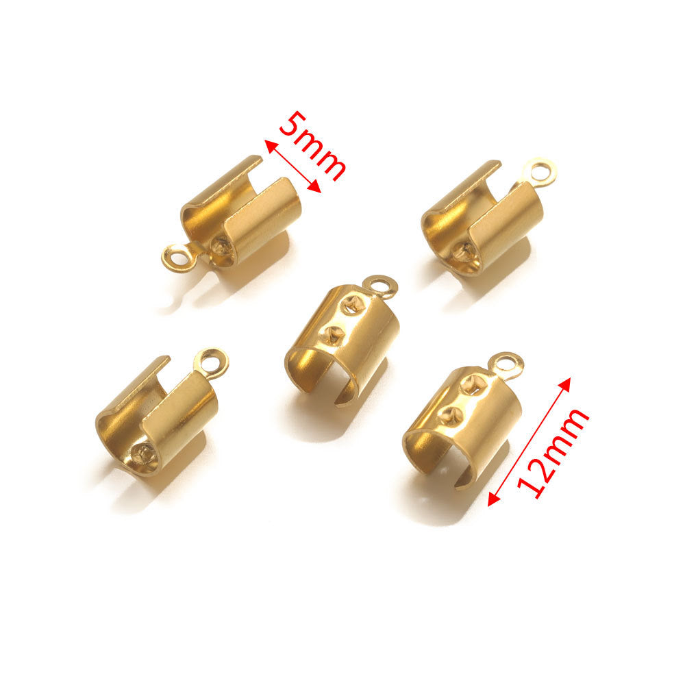 Five gold-tone barrel cord-end connectors with loop ends on white, annotated with 5mm and 12mm sizes
