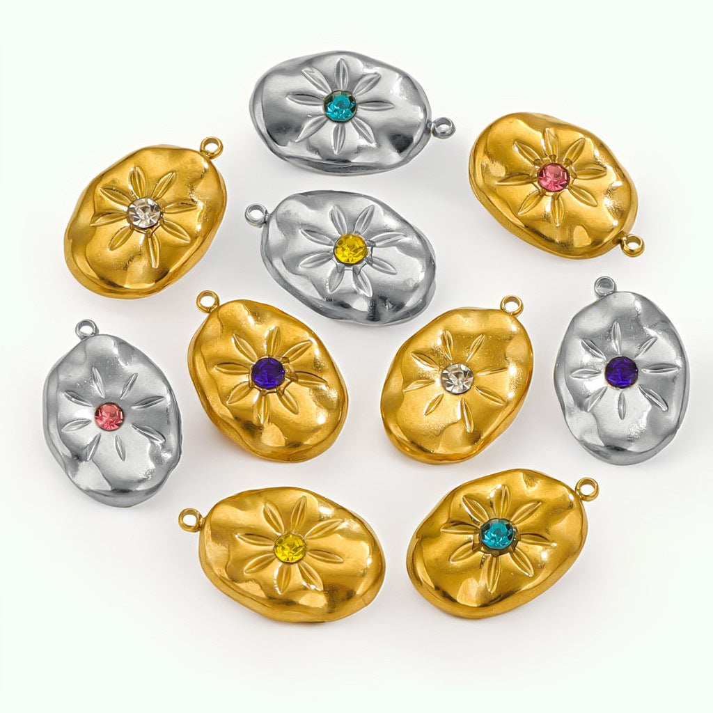 Gold-Plated Stainless Steel Crystal Sun, Star and Moon Pendant Charms 3pcs