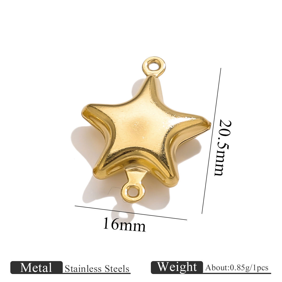 Gold-plated stainless steel double-hole hollow large pentagram connector charm with size dimensions on white background