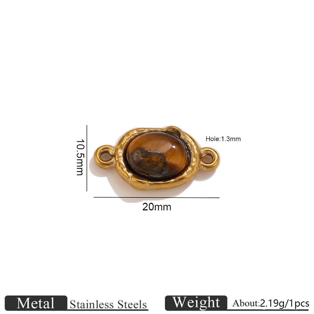 Gold-tone oval tiger's eye double-hole connector with dimension lines, 20mm wide 10.5mm high, on white background