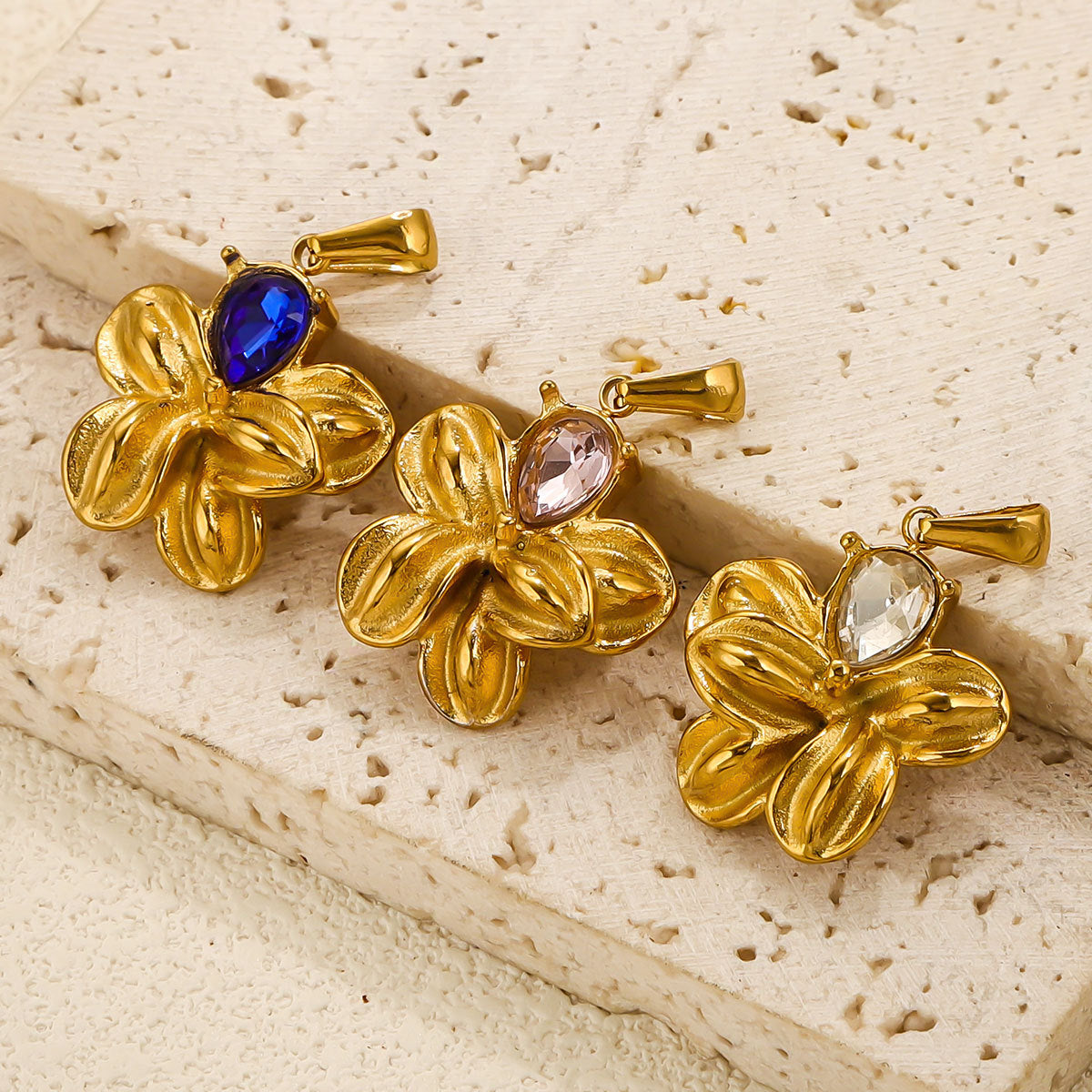 Vintage Stainless Steel Crystal Flower Pendant 2pcs