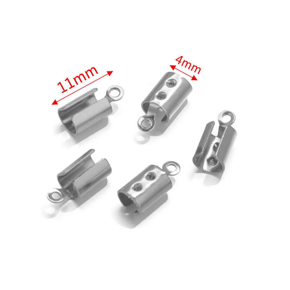 Five silver-tone barrel cord-end connectors with loop ends on white, annotated with 11mm length and 4mm loop