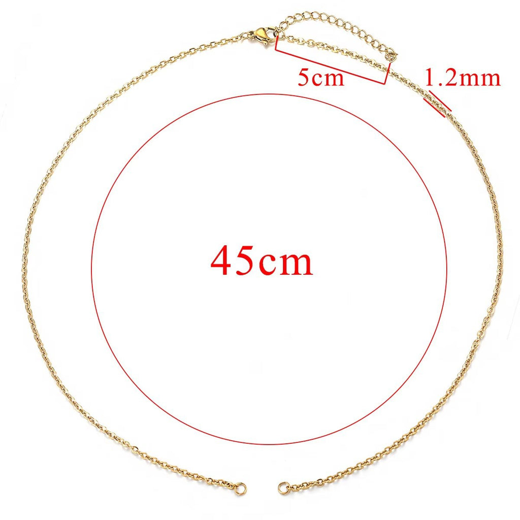 Gold chain connector link with size chart showing 45cm length, 5cm extender and 1.2mm width