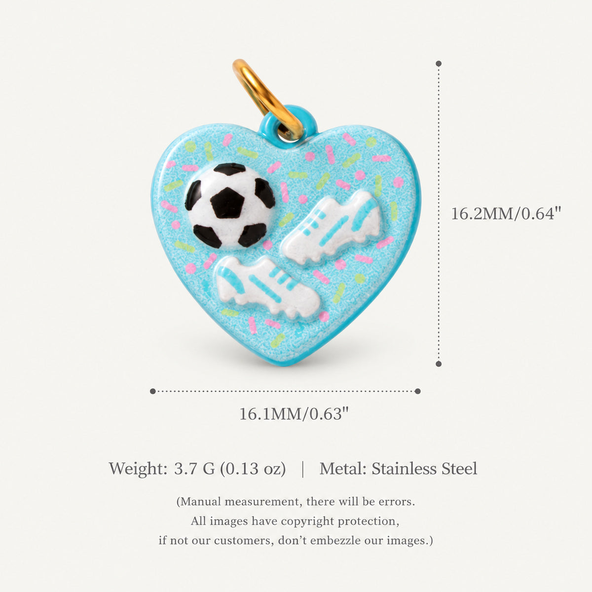 Heart-shaped light blue soccer charm pendant with ball and cleats, shown with size measurements.