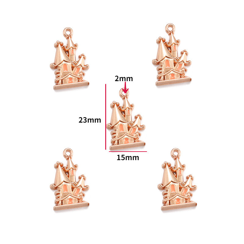 Five gold-tone castle enamel charms with orange enamel details, 23mm by 15mm size shown