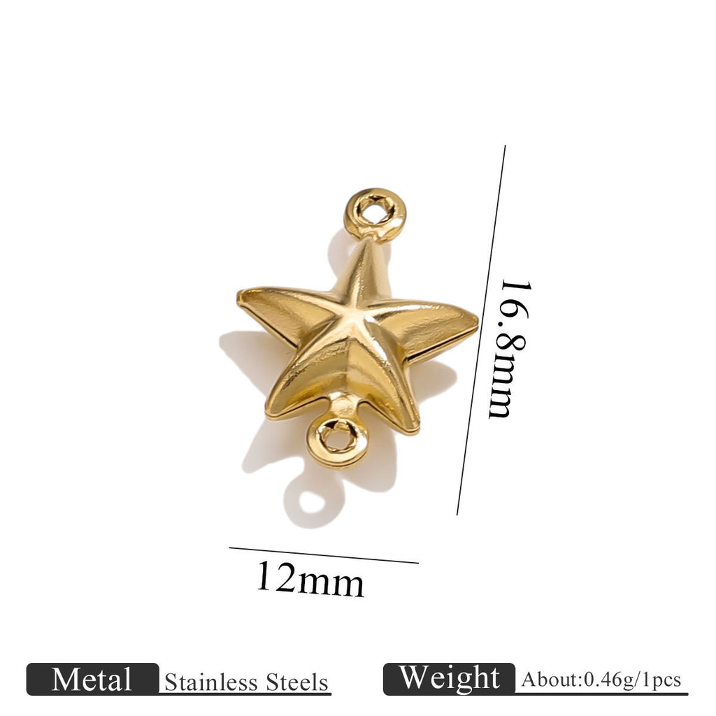 Gold-plated stainless steel double-hole hollow small pentagram connector charm with size dimensions on white background