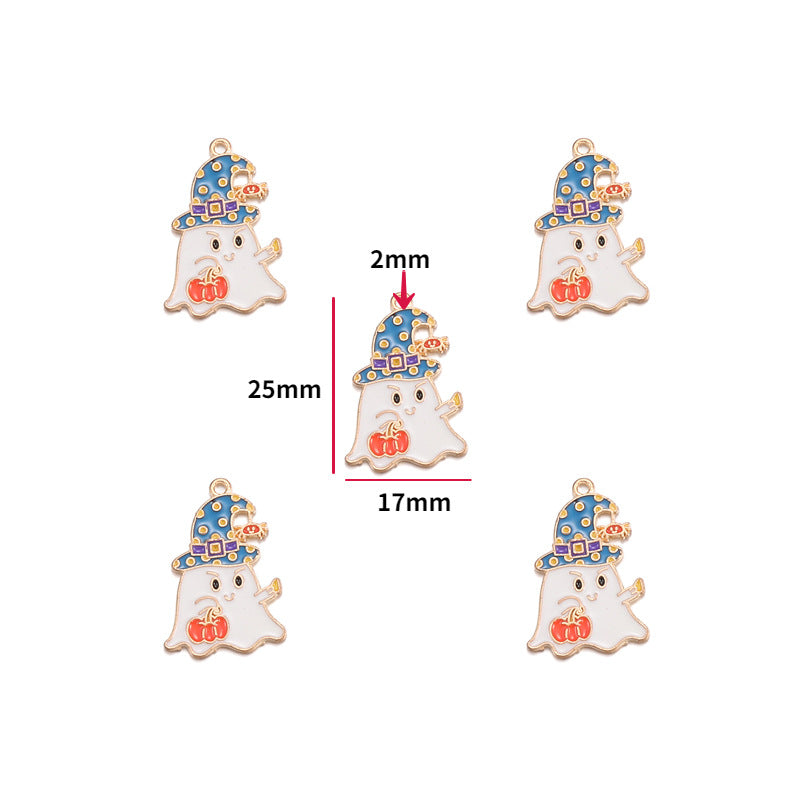 Five ghost-shaped enamel charms with gold-tone outlines and colorful details, 25x17mm