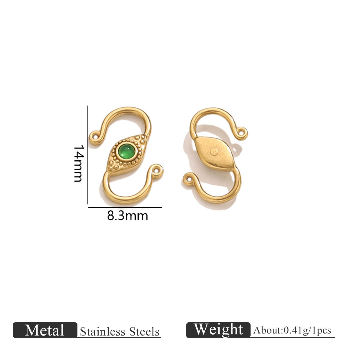 Gold stainless steel S-hook clasp with green stone, front and back views with 14mm by 8.3mm dimensions