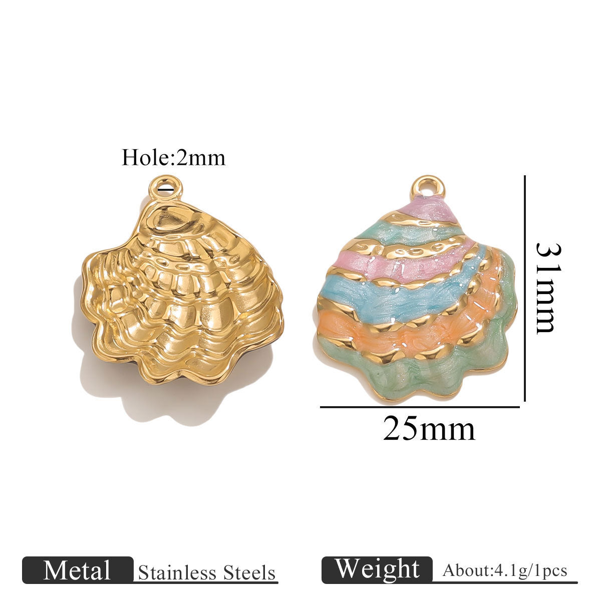 18K Gold-Plated Stainless Steel Enamel Seashell Pendant Charm 2pcs