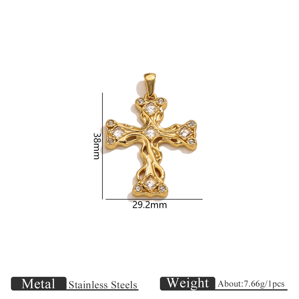 Gold cross pendant with rhinestones and dimension lines showing 38mm height and 29.2mm width