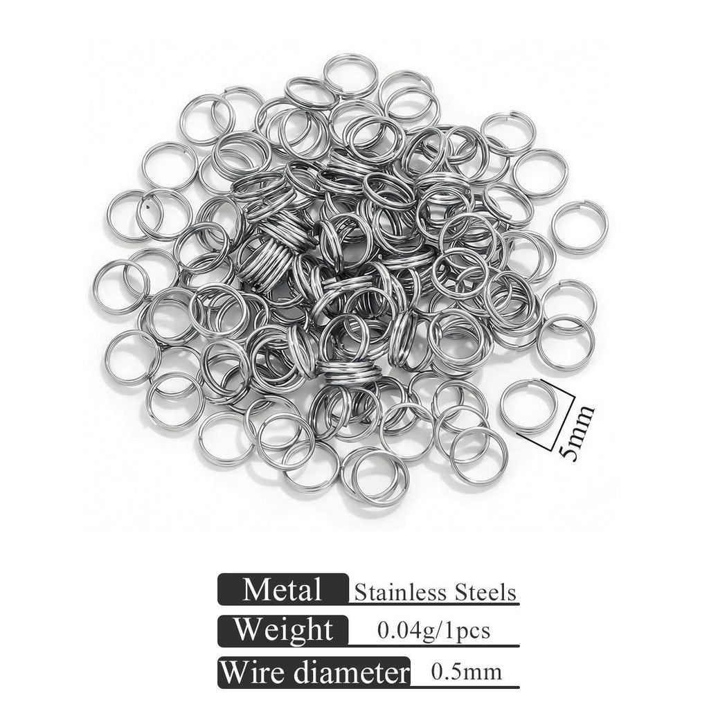 Small stainless steel jump rings on white background with 5mm size indicator