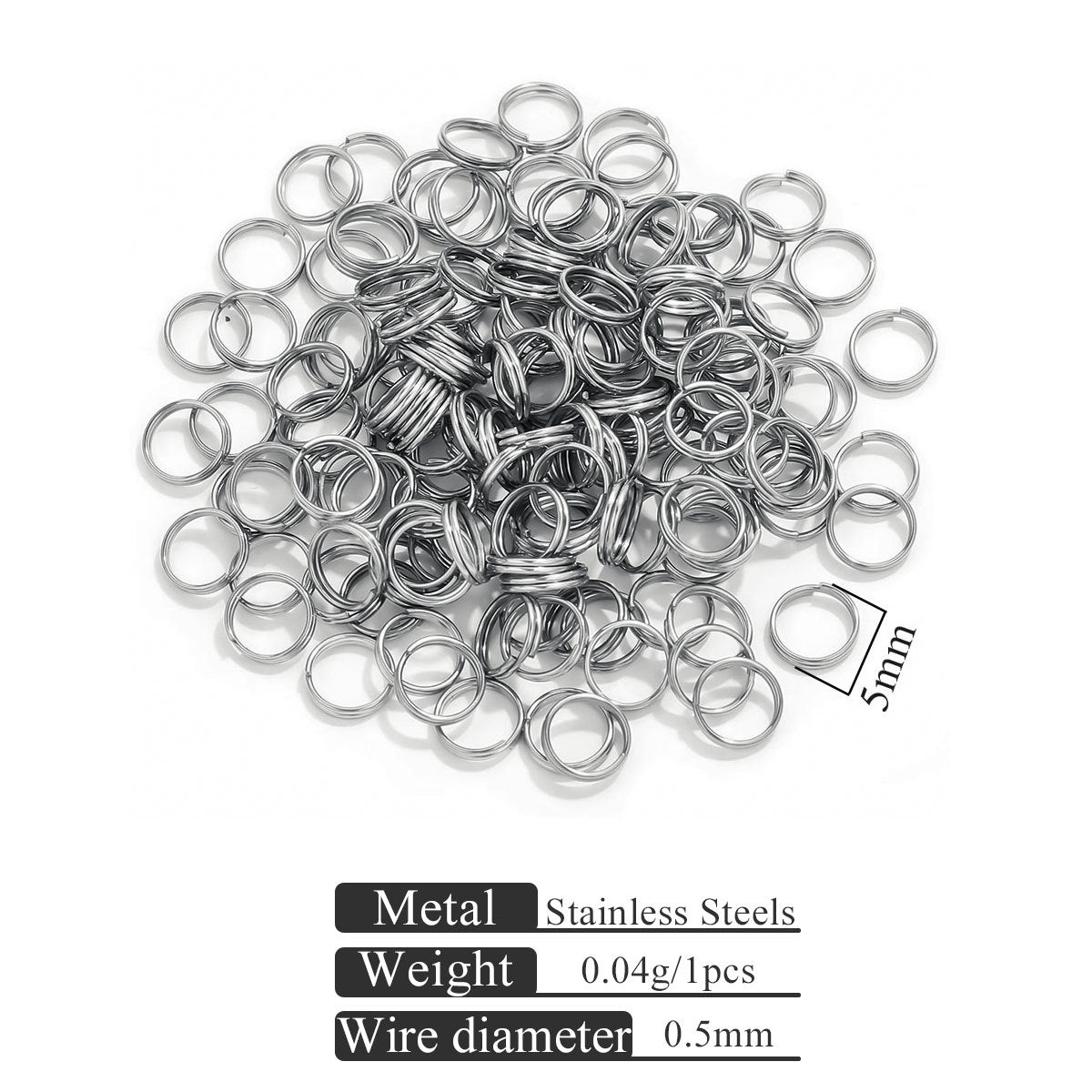 Small stainless steel jump rings on white background with 5mm size indicator