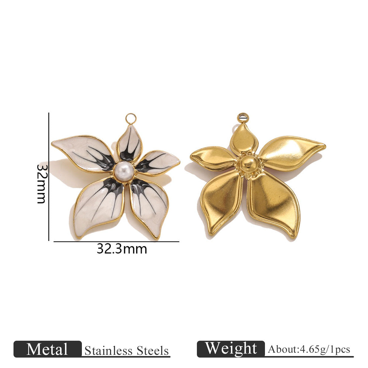 Two gold-toned flower pendant charms, one with black and white enamel petals and pearl center, 32mm by 32.3mm