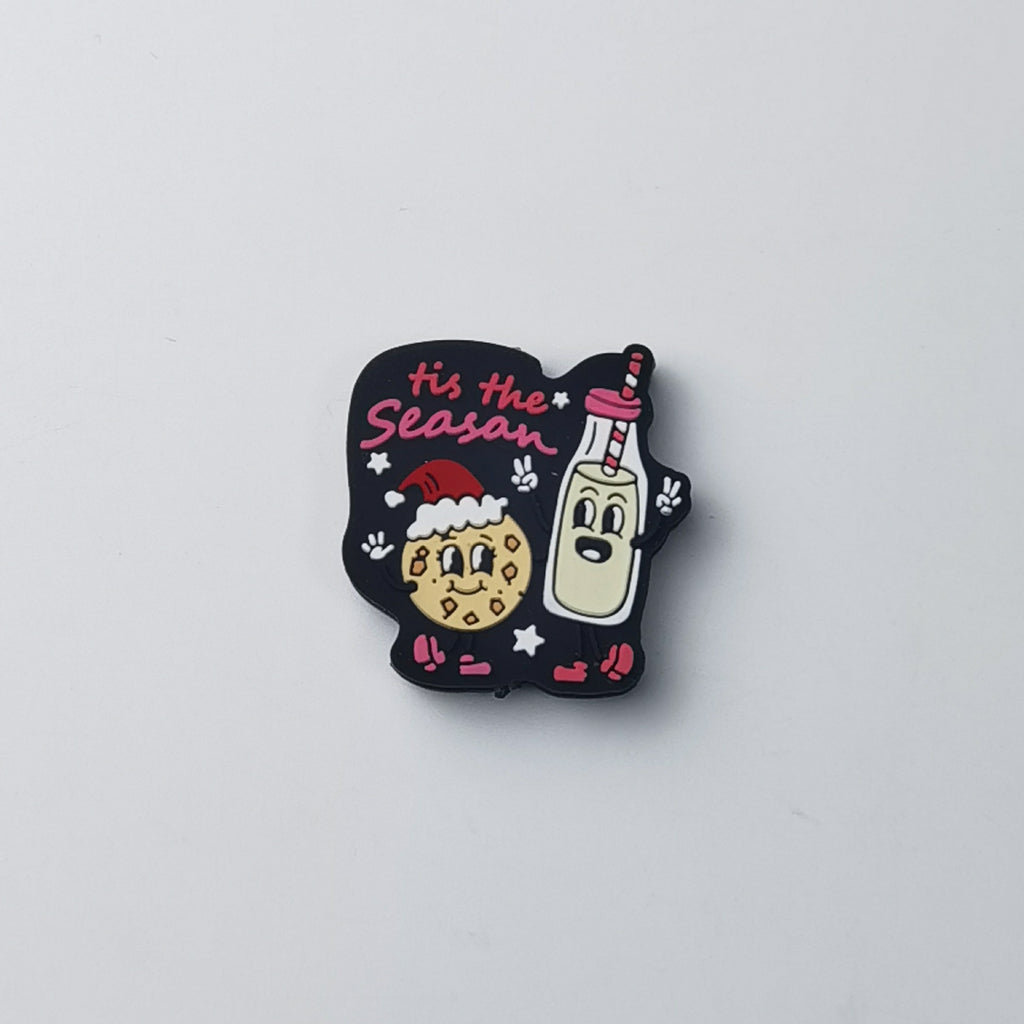 Black silicone focal bead with cartoon cookie in Santa hat and milk bottle character, pink 'tis the Season' text