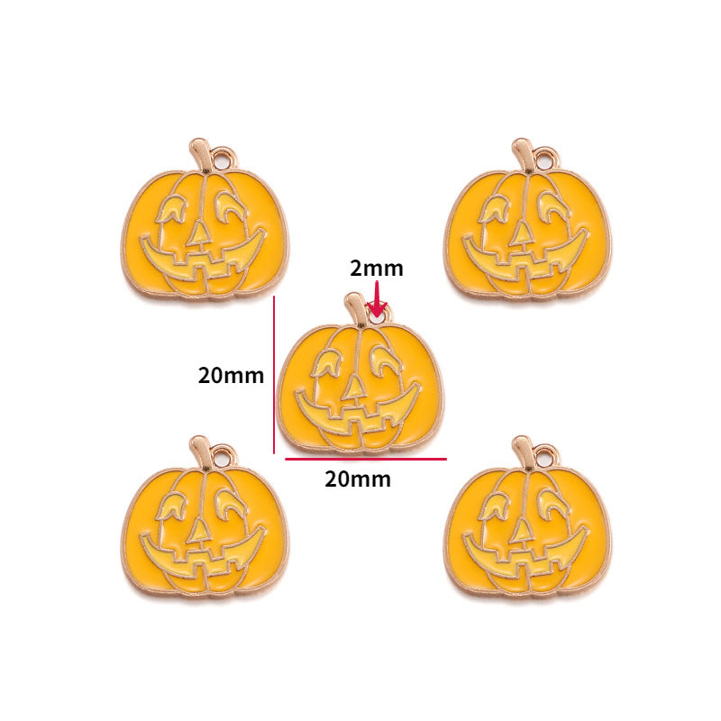 Five pumpkin-shaped jewelry charms with a jack-o'-lantern face, shown on a white background with dimension labels indicating 20mm by 20mm and a 2mm top loop.