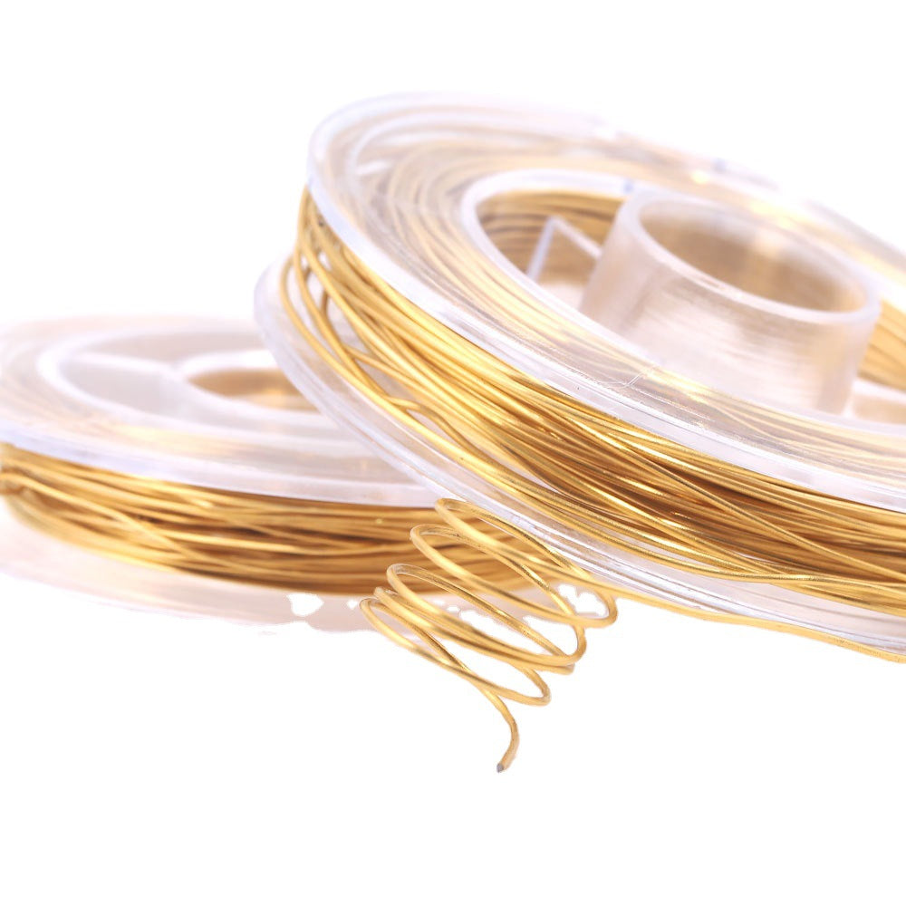 Gold-colored stainless steel jewelry wire on clear spools, loose coil in front, white background.
