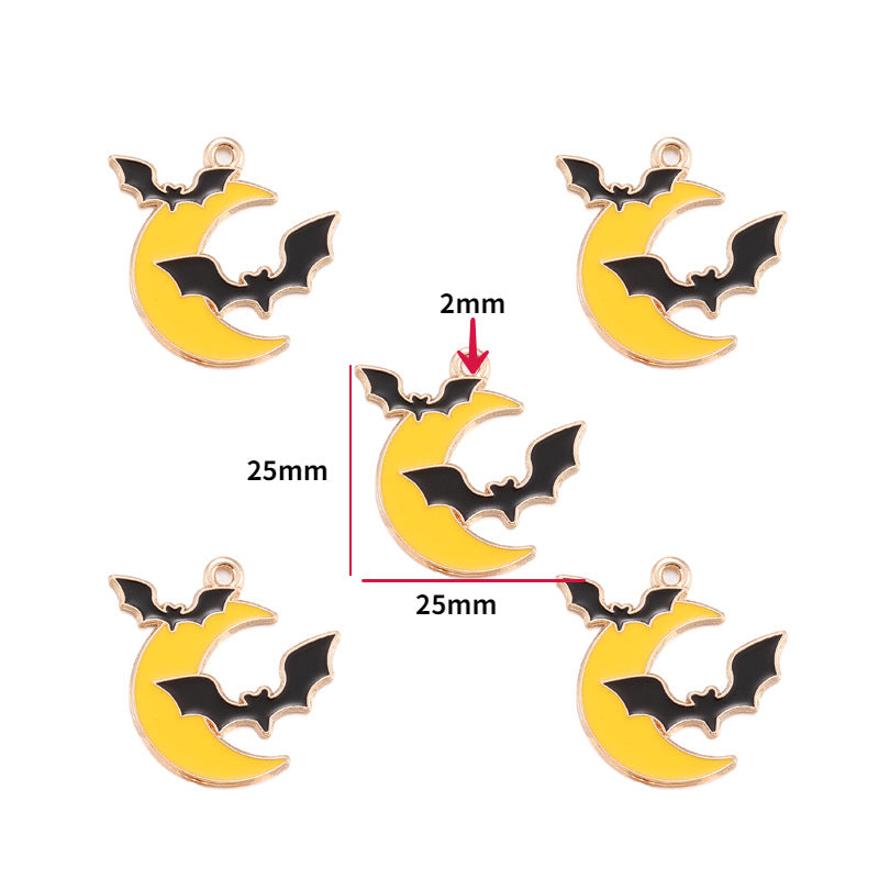 Five yellow crescent moon charms with black bats and gold edges, 25mm