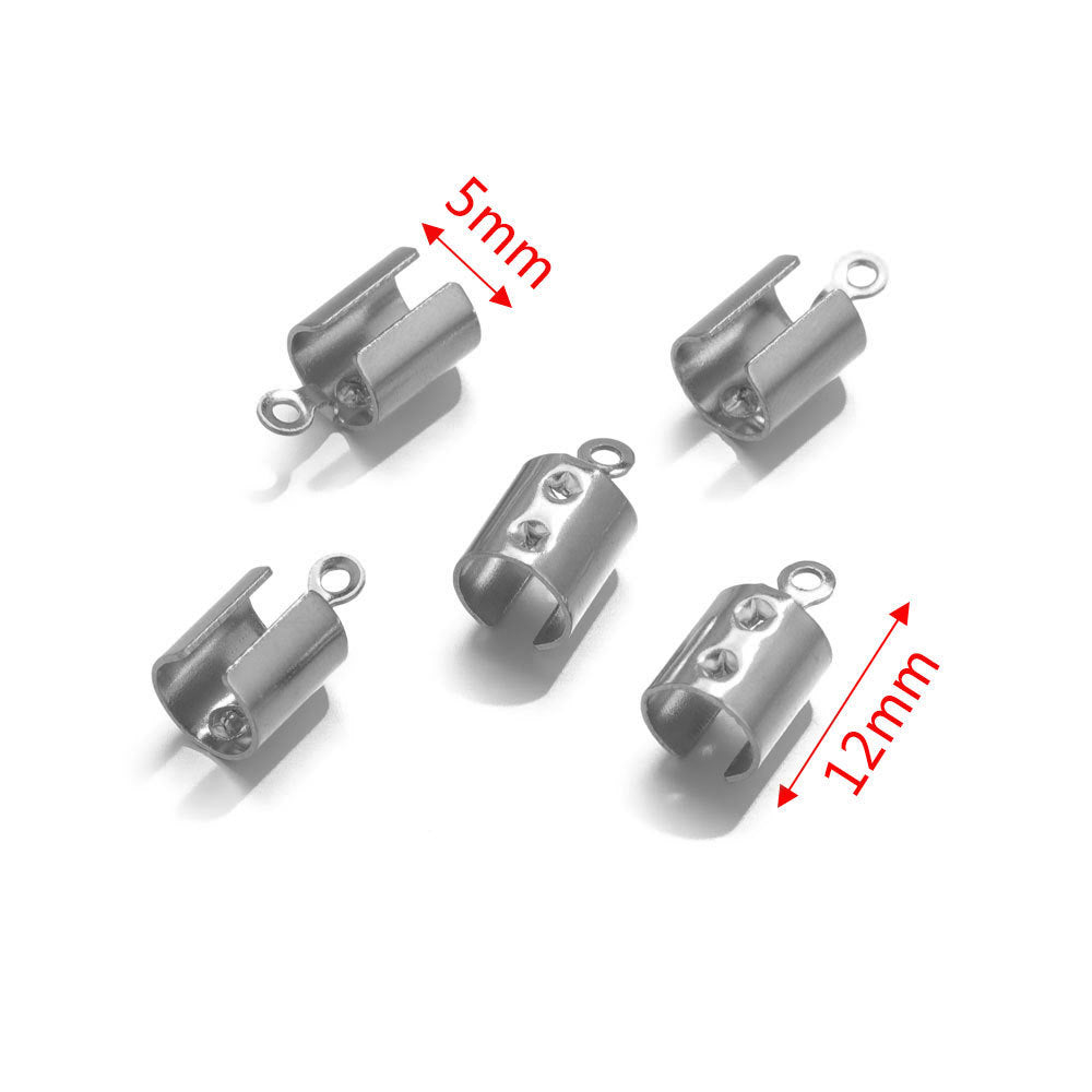 Five silver-tone barrel cord-end connectors with loop ends on white, annotated with 5mm and 12mm measurements
