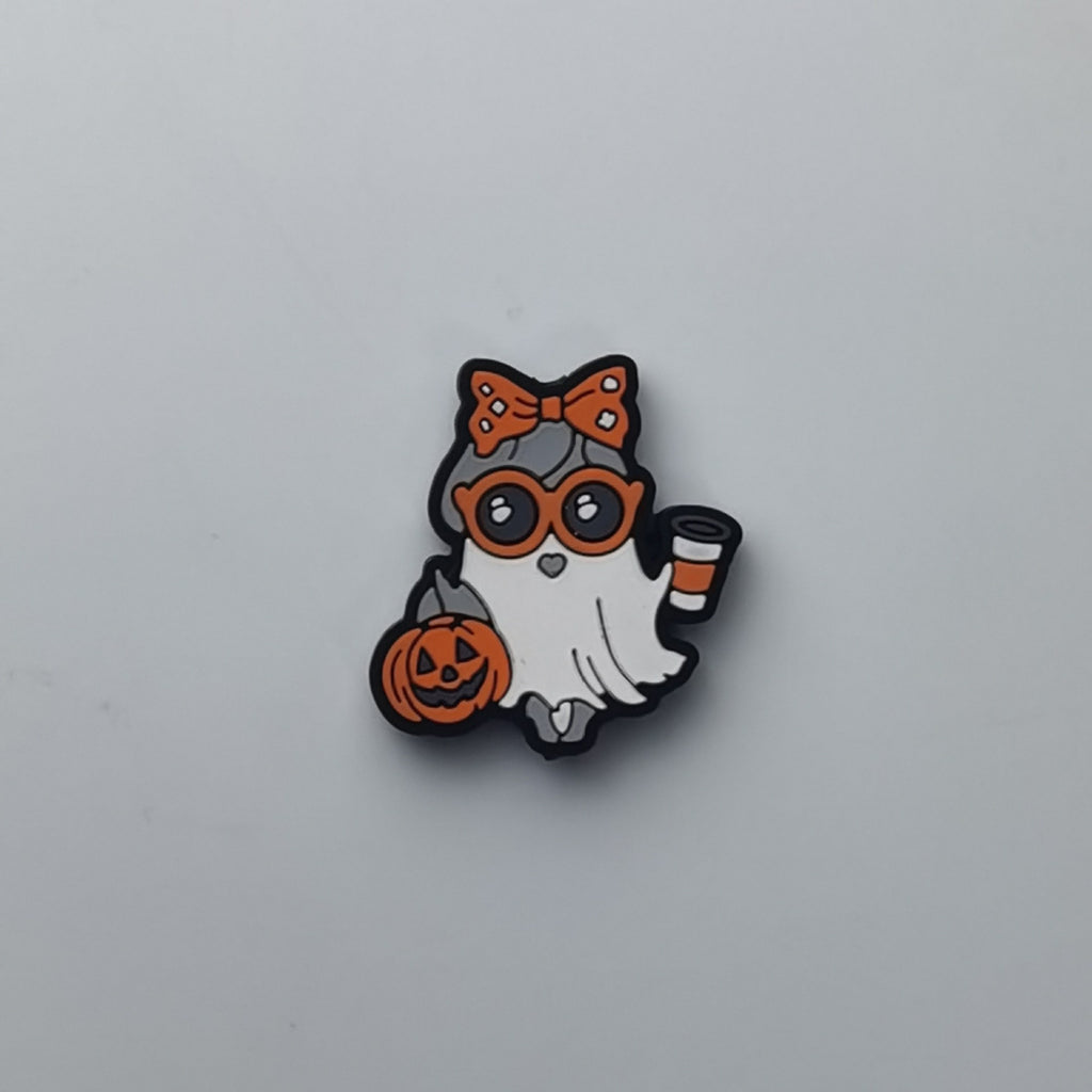 Ghost silicone bead with orange bow and glasses holding pumpkin