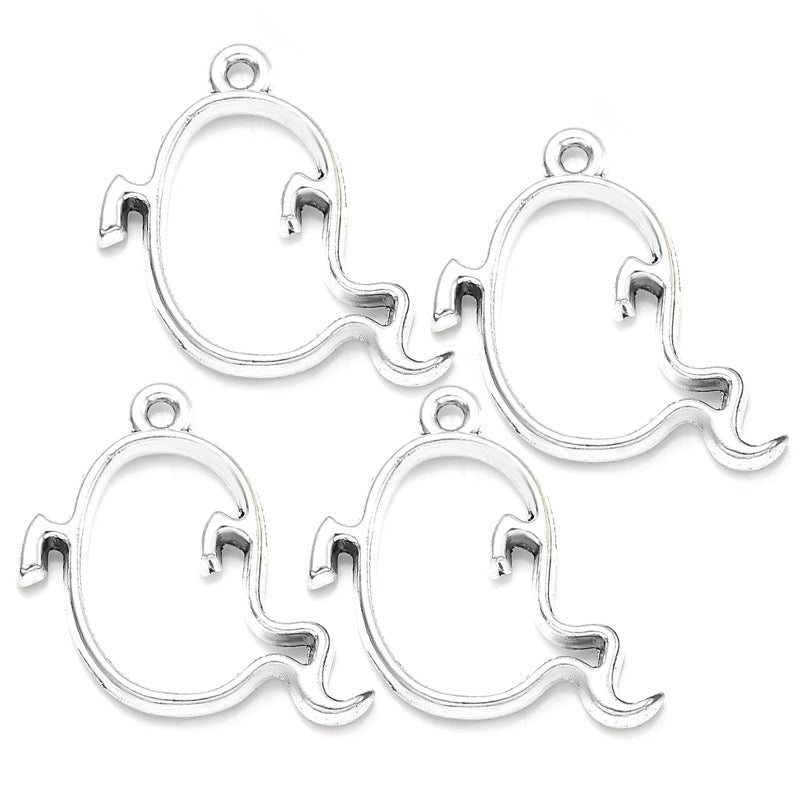 Four silver metal ghost-shaped charms with hanging loops on a white background