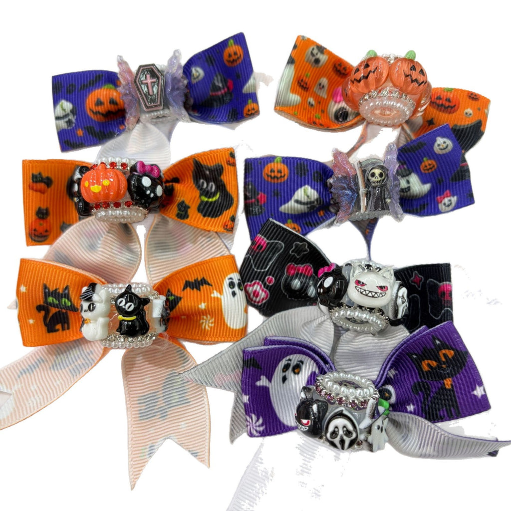 Six Halloween grosgrain ribbon bow focal beads with small pumpkin charms