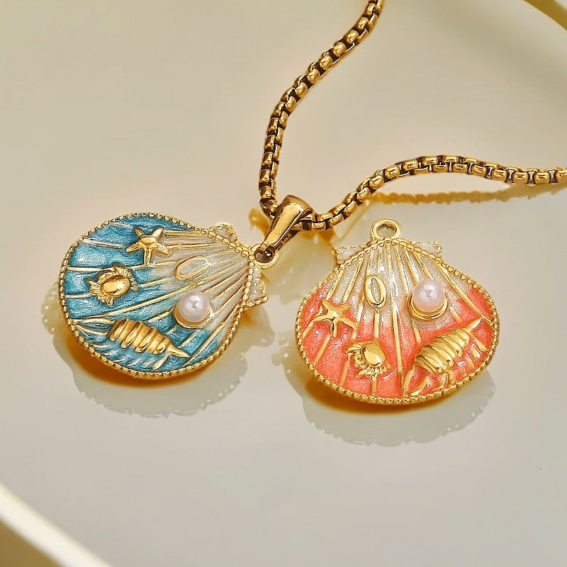 Vacuum-Plated Stainless Steel Gradient Enamel Seashell Pendant