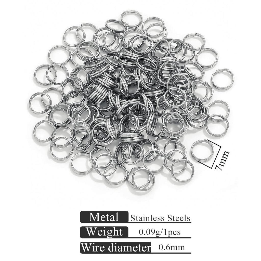 Small stainless steel jump rings scattered on white background with specification text